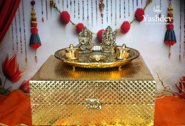 Lakshmi Ganesh Pooja Thali with Fixed Idols – 1 Piece (Antique Gold Finish)