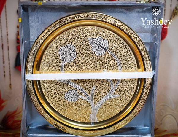 Gold & Silver Finish Pooja Thali Set with Velvet Box – 7 Pieces
