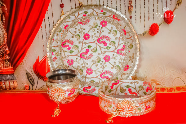 Floral Karwa Chauth Thali Set – 3 Pcs (Thali, Lota, Chalni) | Phoolwari Collection