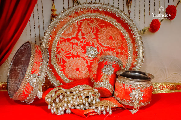 Ornate Karwa Chauth Thali Set – 5 Pcs (Thali, Lota, Glass, Chalni, Odhni) | Mangalmayi Collection