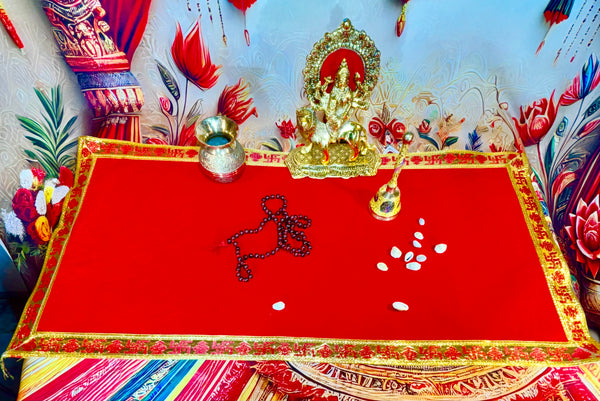 Red Velvet Aasan – Golden Lace Border (30"x15") With Free 100ML Gangajal