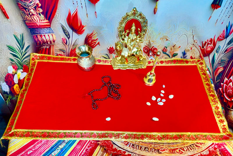 Red Velvet Aasan – Golden Lace Border (30"x15") With Free 100ML Gangajal
