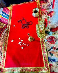 Red Velvet Aasan – Golden Lace Border (30"x15") With Free 100ML Gangajal
