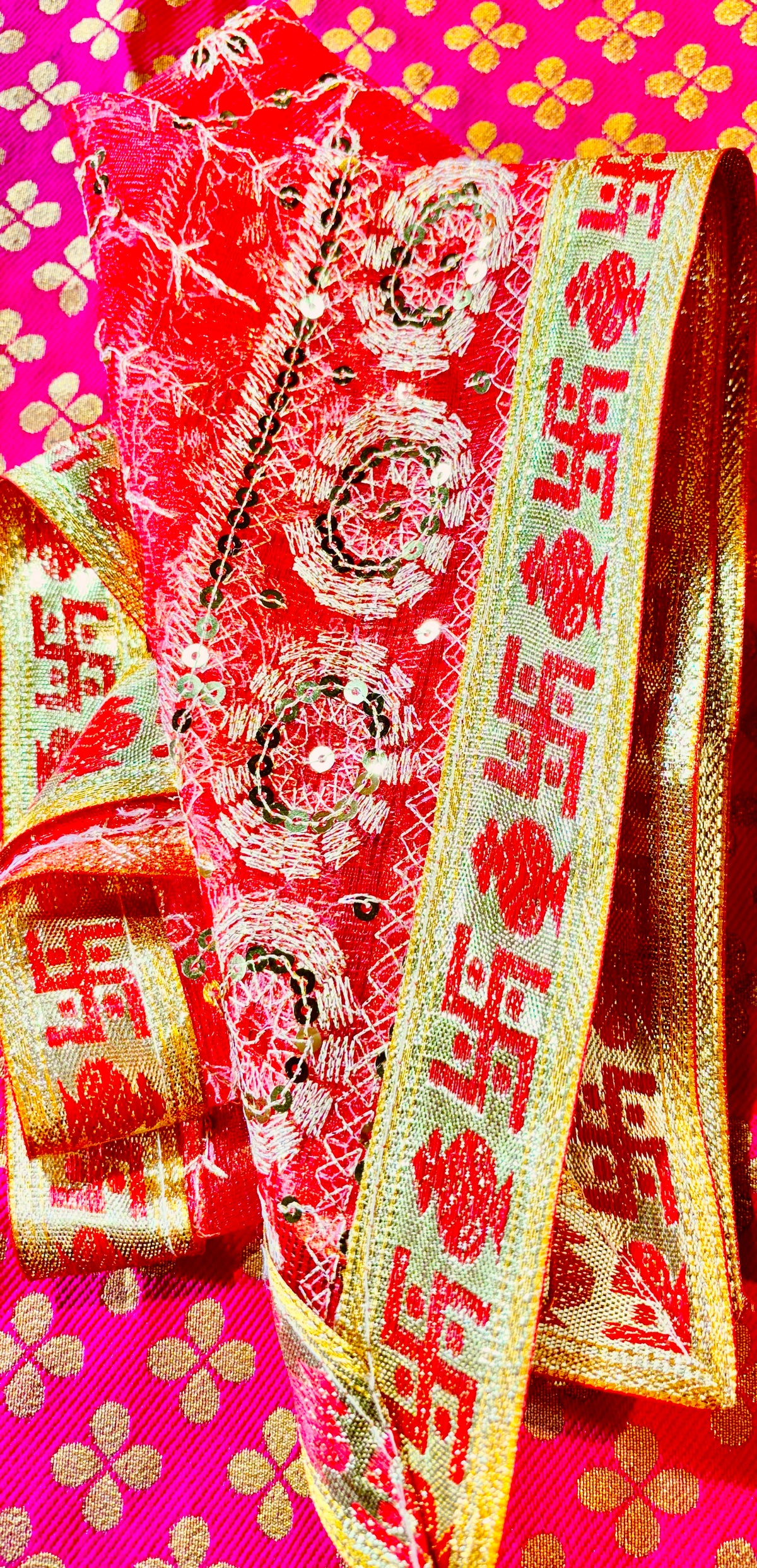 Red Mata Rani Chunri – Sequin Work with Golden Lace Border (40"x20") With Free 100ML Gangajal
