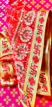 Red Mata Rani Chunri – Sequin Work with Golden Lace Border (40"x20") With Free 100ML Gangajal