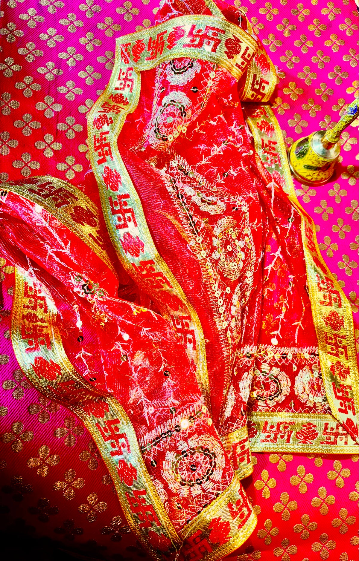 Red Mata Rani Chunri – Sequin Work with Golden Lace Border (40"x20") With Free 100ML Gangajal