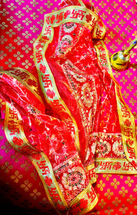 Red Mata Rani Chunri – Sequin Work with Golden Lace Border (40"x20") With Free 100ML Gangajal