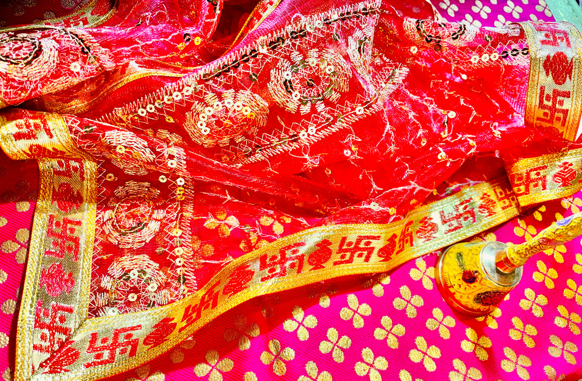Red Mata Rani Chunri – Sequin Work with Golden Lace Border (40"x20") With Free 100ML Gangajal