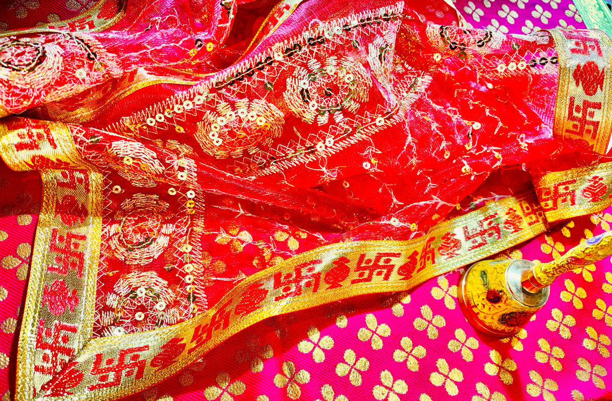 Red Mata Rani Chunri – Sequin Work with Golden Lace Border (40"x20") With Free 100ML Gangajal