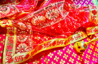 Red Mata Rani Chunri – Sequin Work with Golden Lace Border (40"x20") With Free 100ML Gangajal