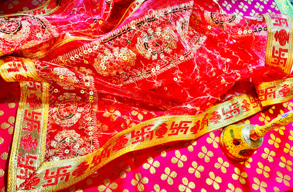 Red Mata Rani Chunri – Sequin Work with Golden Lace Border (40"x20") With Free 100ML Gangajal