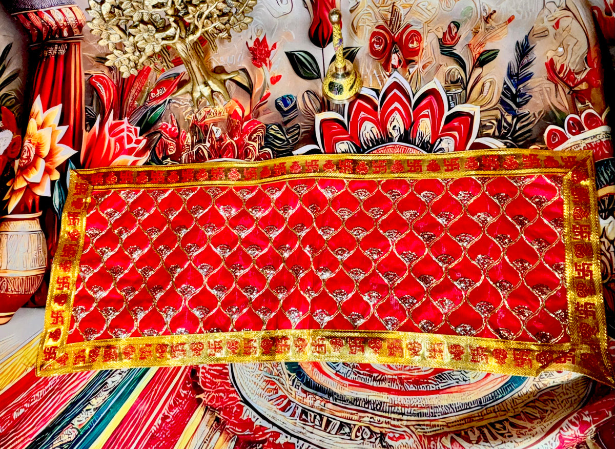 Red Mata Rani Chunri – Golden Gota Work with Lace Border (26"x10") With Free 100ML Gangajal