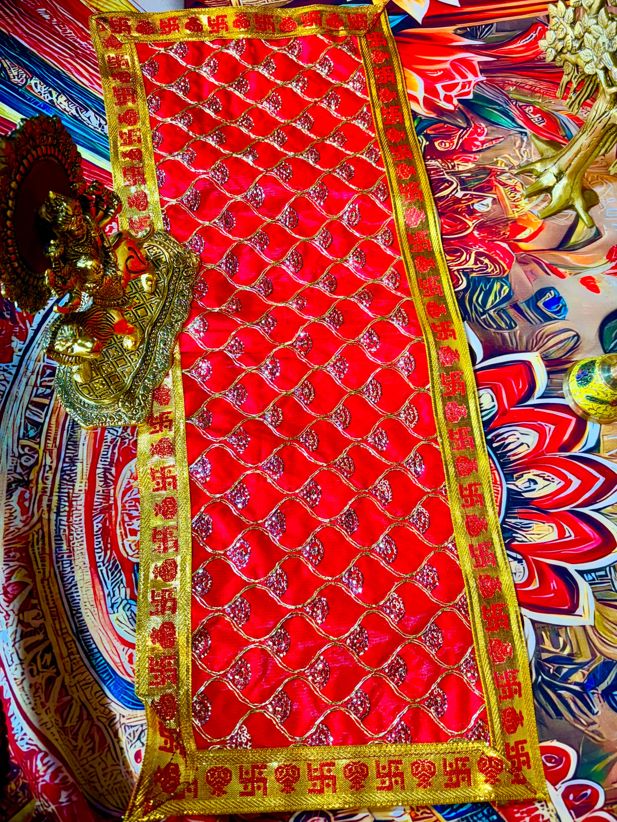 Red Mata Rani Chunri – Golden Gota Work with Lace Border (26"x10") With Free 100ML Gangajal