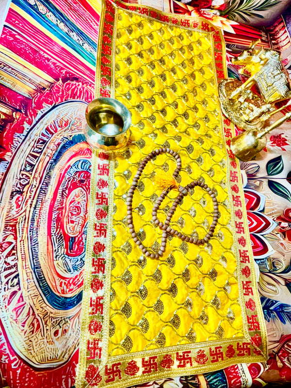 Yellow Mata Rani Chunri – Golden Gota Work with Lace Border (26"x10") With Free 100ML Gangajal