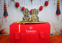 Lakshmi Ganesh Idol on Leaf with Diya – Antique Gold Finish