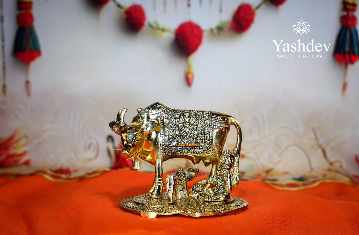 Kamdhenu Cow with Calf Idol – Antique Gold Finish