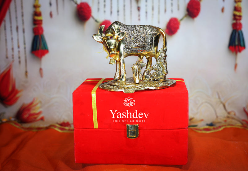 Kamdhenu Cow with Calf Idol – Antique Gold Finish
