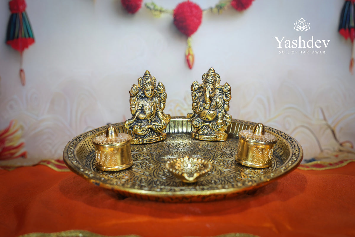Lakshmi Ganesh Pooja Thali with Fixed Idols – 1 Piece (Antique Gold Finish)
