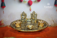 Lakshmi Ganesh Pooja Thali with Fixed Idols – 1 Piece (Antique Gold Finish)