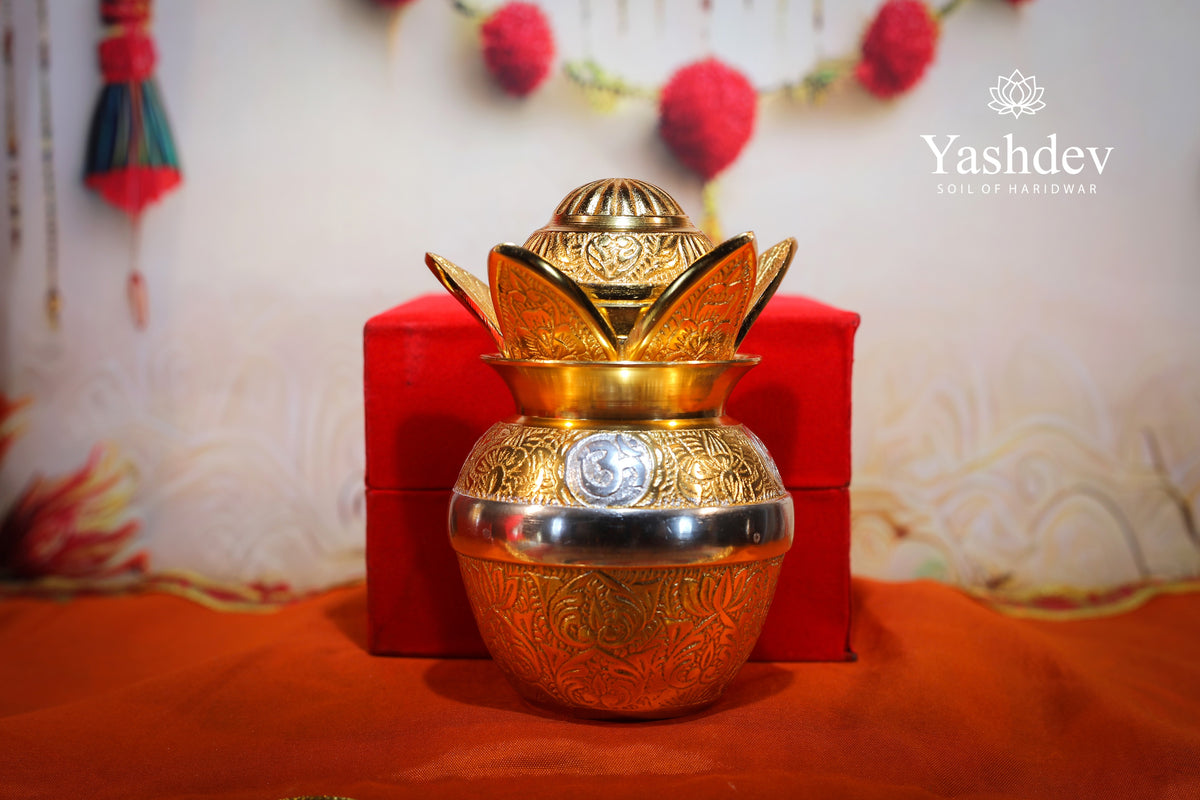 Kalash with Detachable Lotus Top – Antique Gold-Silver Finish