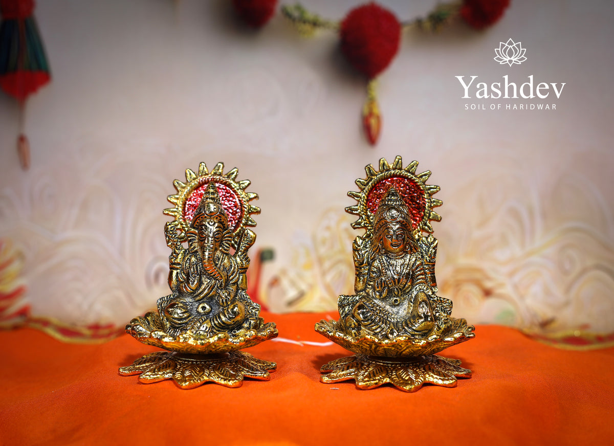 Lakshmi Ganesh Idol Pair with Lotus Base – Antique Gold Finish