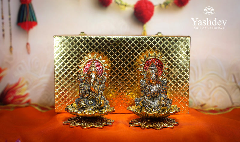 Lakshmi Ganesh Idol Pair with Lotus Base – Antique Gold Finish