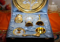 Gold & Silver Finish Pooja Thali Set with Velvet Box – 7 Pieces