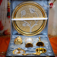 Gold & Silver Finish Pooja Thali Set with Velvet Box – 7 Pieces