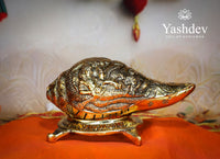 Antique Gold Finish Vishnu Carved Shankh with Base – Decorative Idol Set