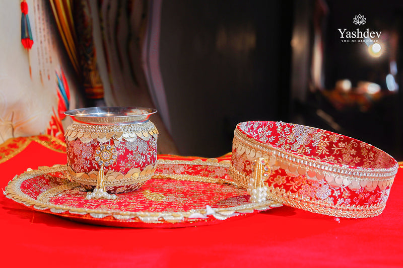 Royal Karwa Chauth Thali Set – 3 Pcs (Thali, Lota, Chalni) | Shringar Collection