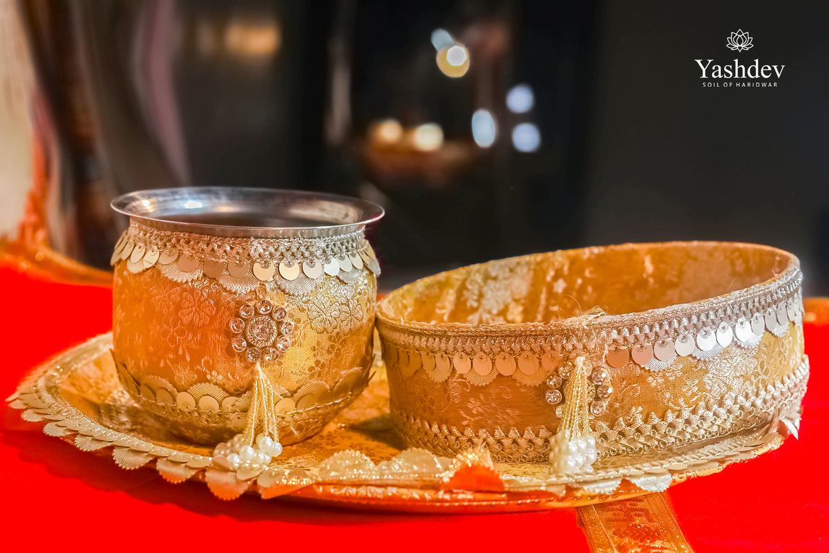 Royal Karwa Chauth Thali Set – 3 Pcs (Thali, Lota, Chalni) | Shringar Collection