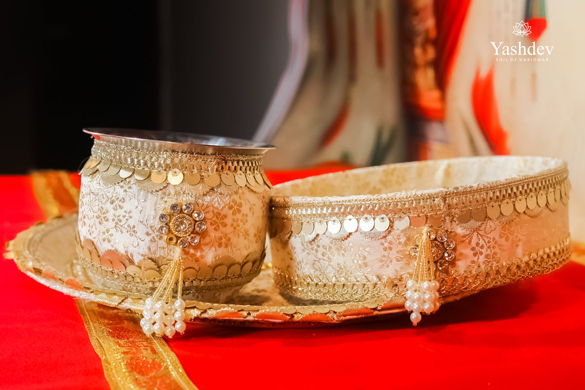 Royal Karwa Chauth Thali Set – 3 Pcs (Thali, Lota, Chalni) | Shringar Collection