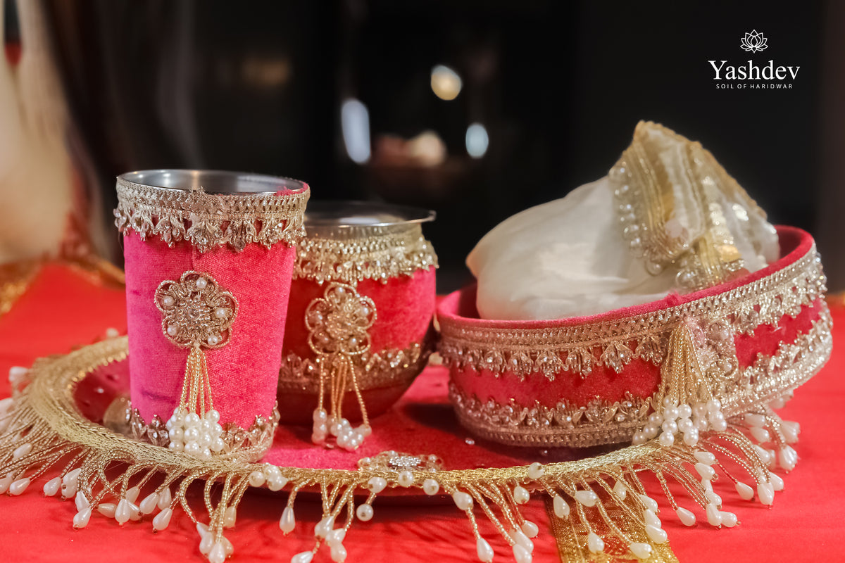 Designer Karwa Chauth Thali Set – 5 Pcs (Thali, Lota, Glass, Chalni, Odhni) | Chandrika Collection