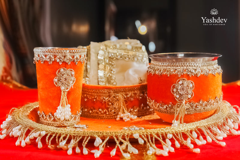 Designer Karwa Chauth Thali Set – 5 Pcs (Thali, Lota, Glass, Chalni, Odhni) | Chandrika Collection