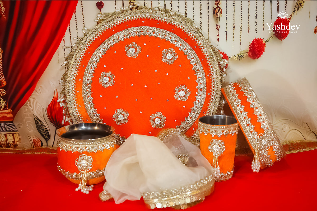 Designer Karwa Chauth Thali Set – 5 Pcs (Thali, Lota, Glass, Chalni, Odhni) | Chandrika Collection