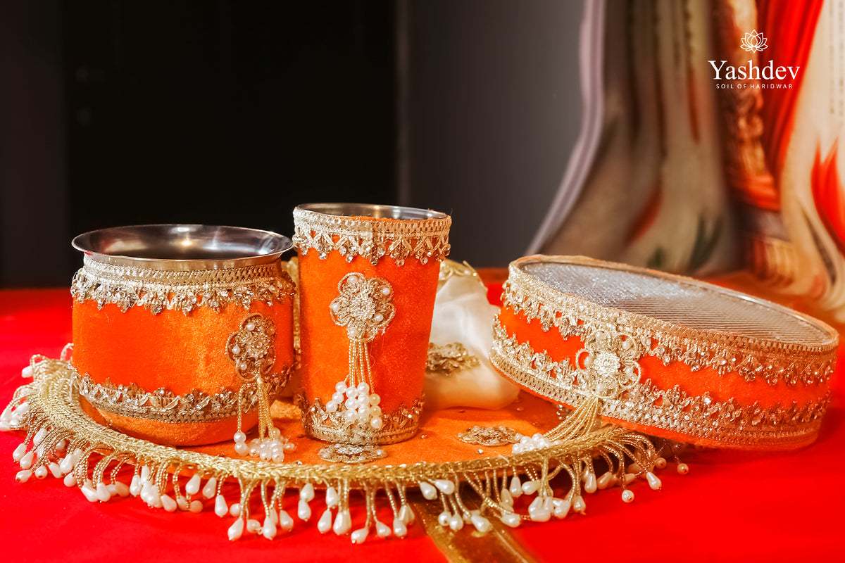 Designer Karwa Chauth Thali Set – 5 Pcs (Thali, Lota, Glass, Chalni, Odhni) | Chandrika Collection