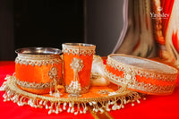 Designer Karwa Chauth Thali Set – 5 Pcs (Thali, Lota, Glass, Chalni, Odhni) | Chandrika Collection