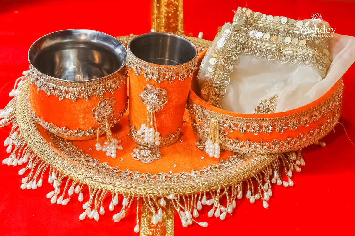 Designer Karwa Chauth Thali Set – 5 Pcs (Thali, Lota, Glass, Chalni, Odhni) | Chandrika Collection