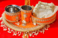 Designer Karwa Chauth Thali Set – 5 Pcs (Thali, Lota, Glass, Chalni, Odhni) | Chandrika Collection