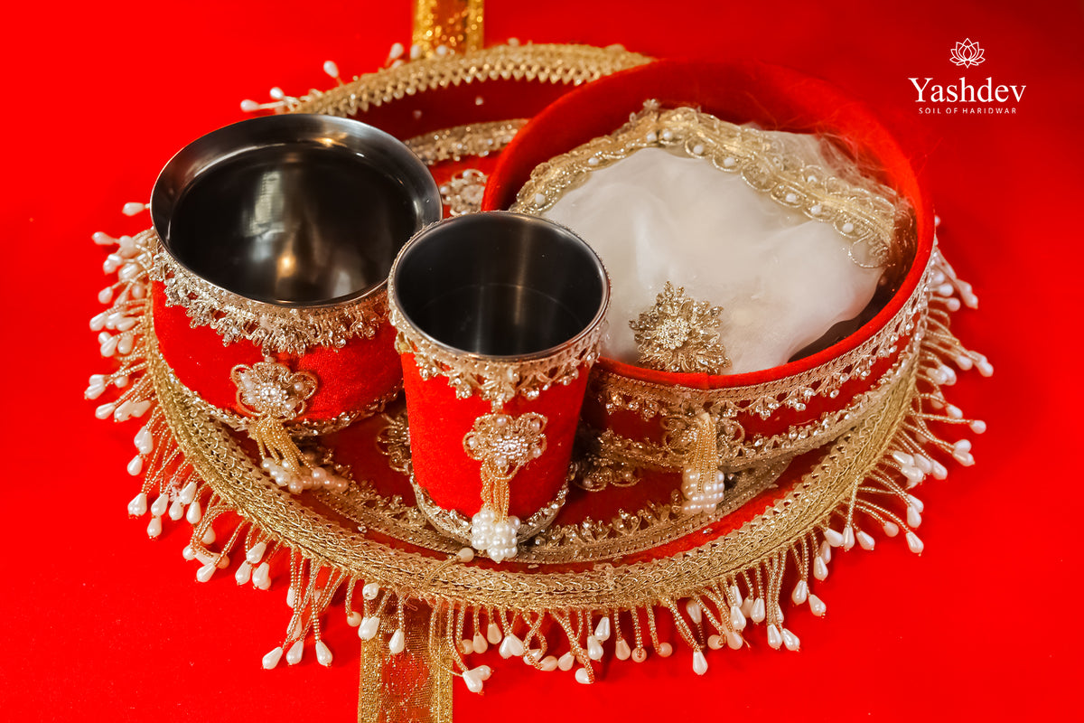 Designer Karwa Chauth Thali Set – 5 Pcs (Thali, Lota, Glass, Chalni, Odhni) | Chandrika Collection