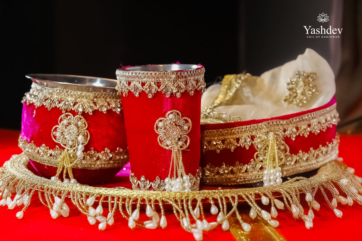 Designer Karwa Chauth Thali Set – 5 Pcs (Thali, Lota, Glass, Chalni, Odhni) | Chandrika Collection