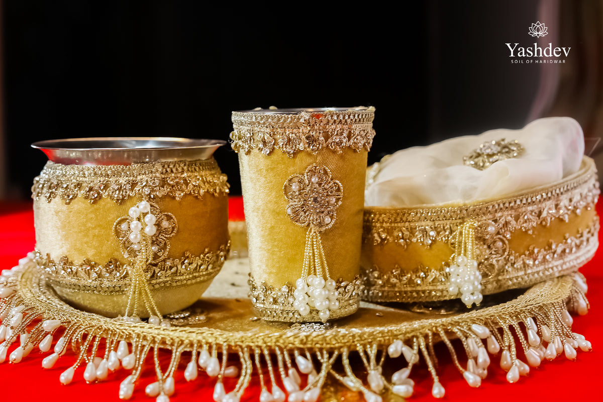Designer Karwa Chauth Thali Set – 5 Pcs (Thali, Lota, Glass, Chalni, Odhni) | Chandrika Collection