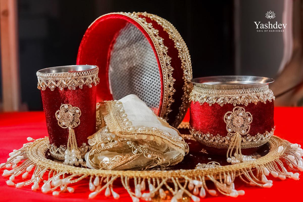 Designer Karwa Chauth Thali Set – 5 Pcs (Thali, Lota, Glass, Chalni, Odhni) | Chandrika Collection