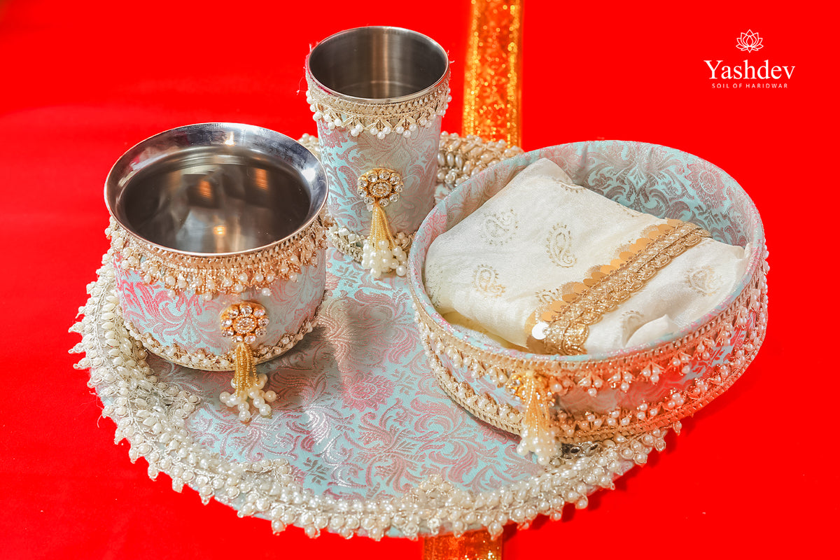 Regal Karwa Chauth Thali Set – 5 Pcs (Thali, Lota, Glass, Chalni, Odhni) | Gauri Collection