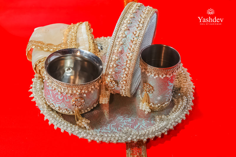 Regal Karwa Chauth Thali Set – 5 Pcs (Thali, Lota, Glass, Chalni, Odhni) | Gauri Collection