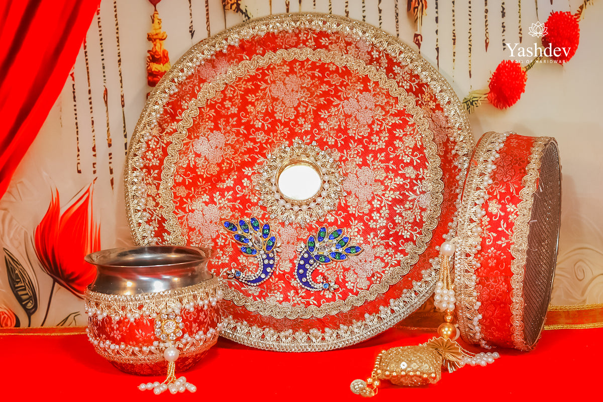 Traditional Karwa Chauth Thali Set – 3 Pcs (Thali, Lota, Chalni) | Deepanjali Collection