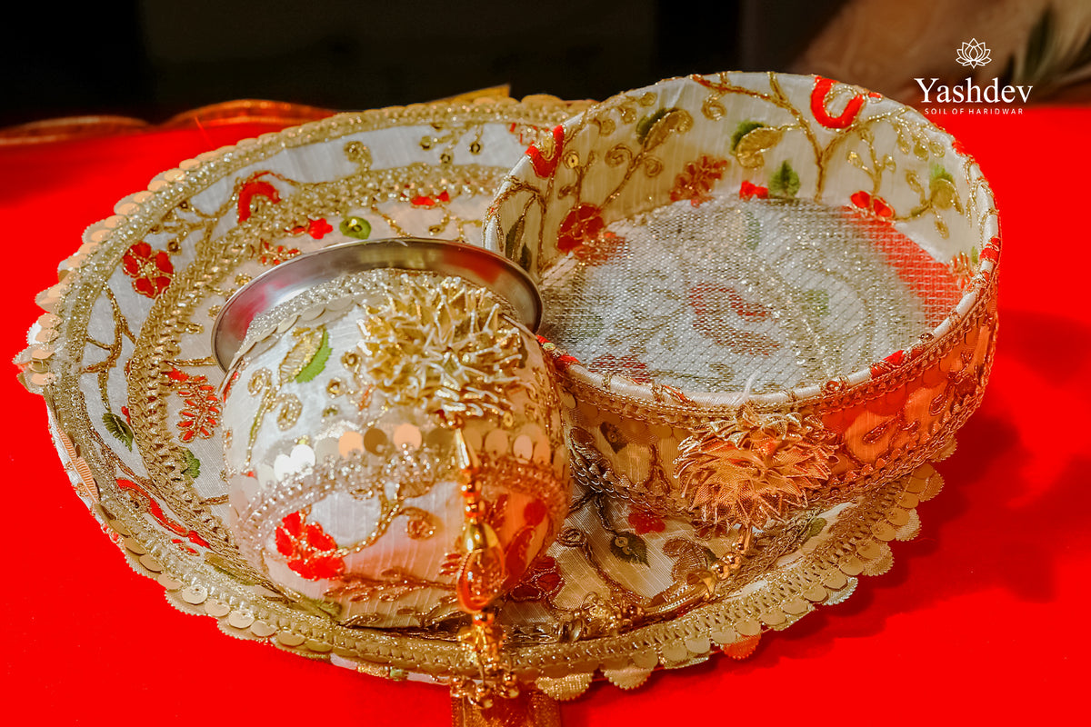 Floral Karwa Chauth Thali Set – 3 Pcs (Thali, Lota, Chalni) | Phoolwari Collection
