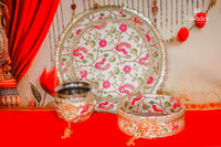 Floral Karwa Chauth Thali Set – 3 Pcs (Thali, Lota, Chalni) | Phoolwari Collection