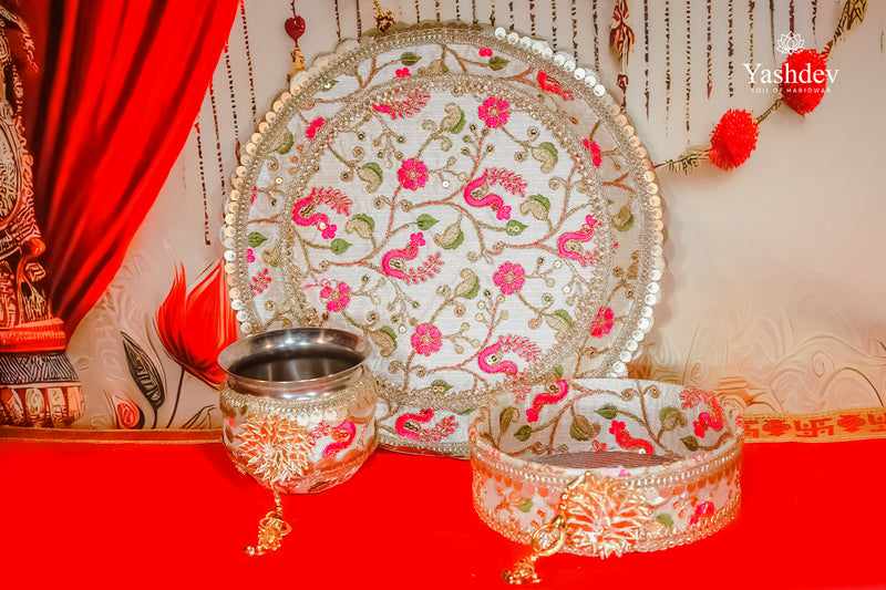 Floral Karwa Chauth Thali Set – 3 Pcs (Thali, Lota, Chalni) | Phoolwari Collection