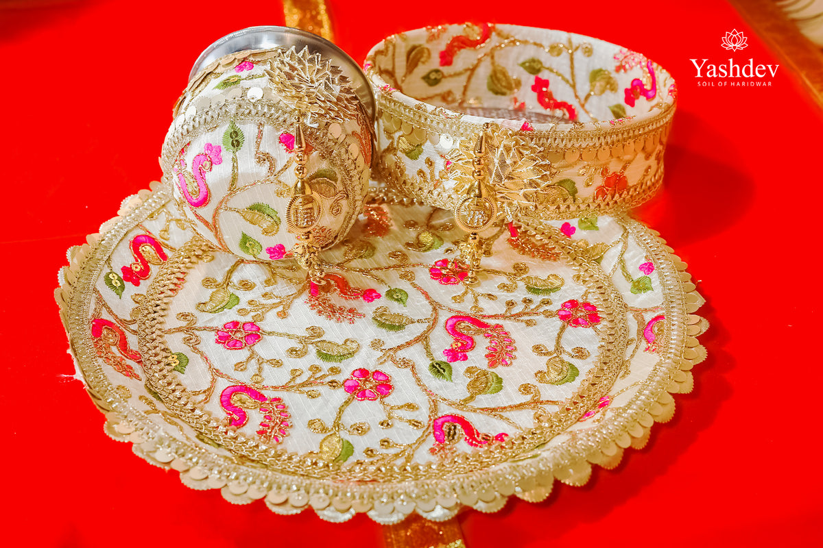 Floral Karwa Chauth Thali Set – 3 Pcs (Thali, Lota, Chalni) | Phoolwari Collection
